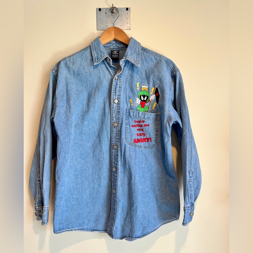 VTG Warner Bros. Studio Store Marvin the Martian Denim Shirt Sz S 90s Cartoon